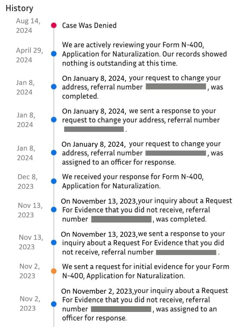 Example of USCIS status colors in the app