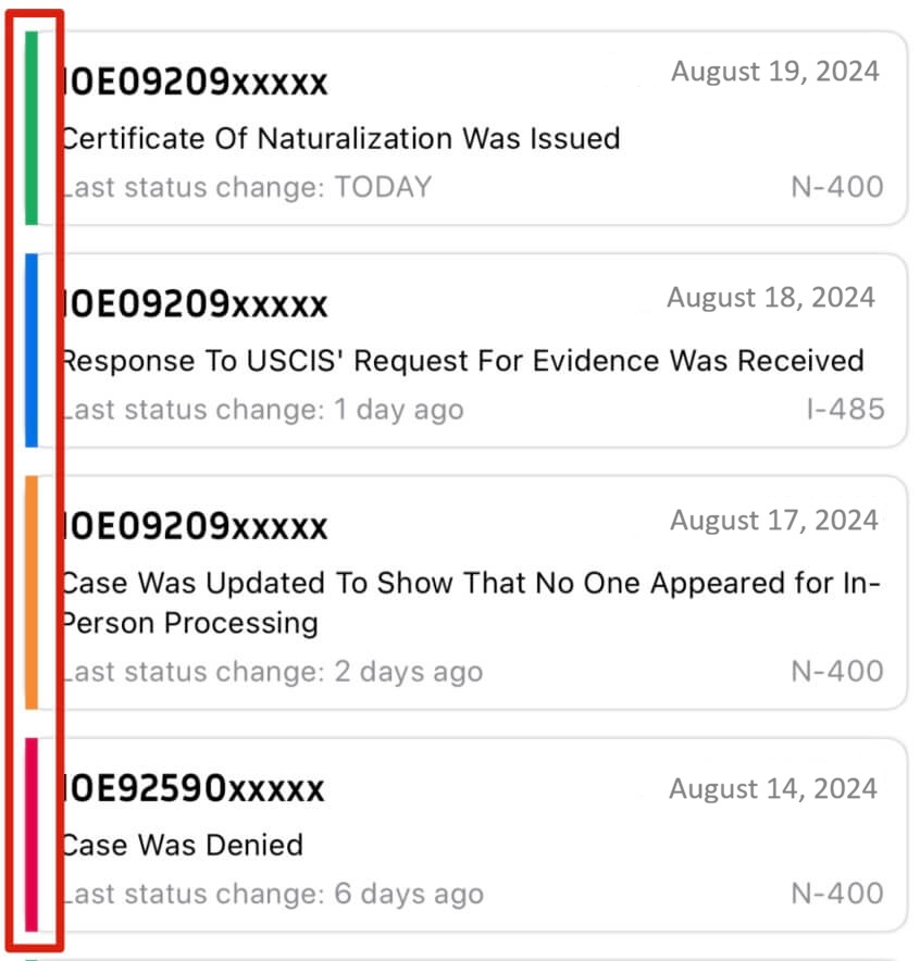 Another example of USCIS status colors in the app