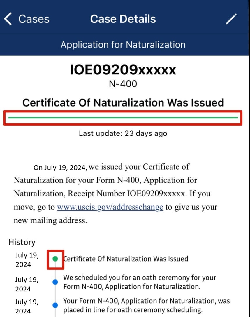 USCIS status colors in the case details